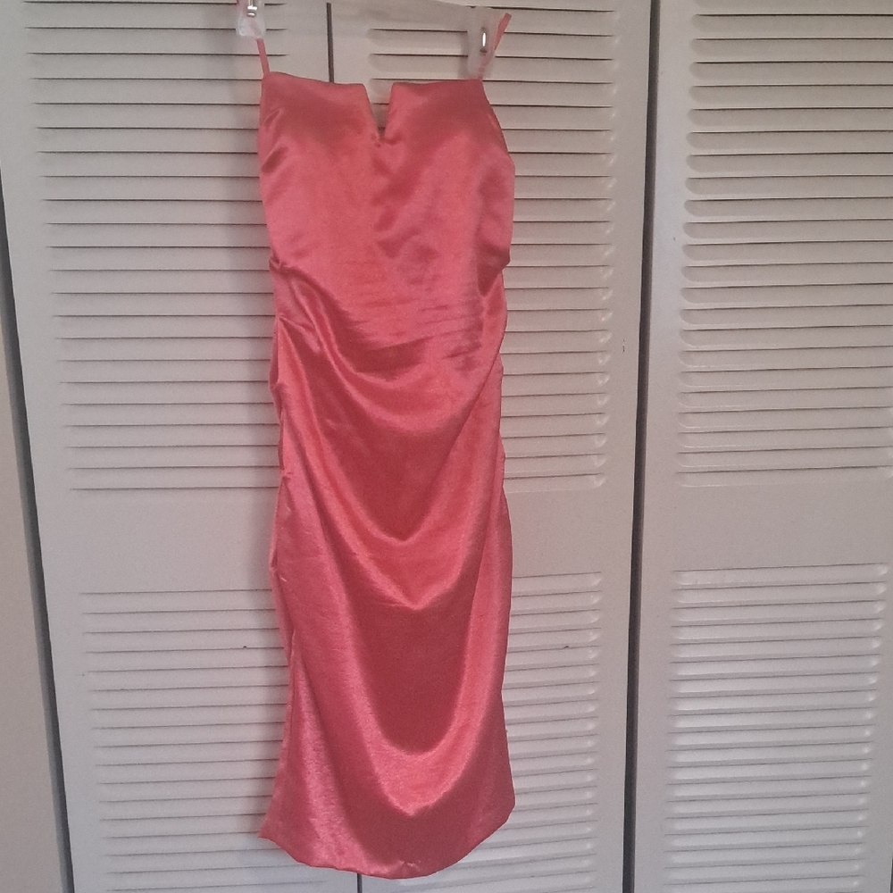 Buy One Dress Get Another Free   Le chateau Coral Satin Midi Slip Dress